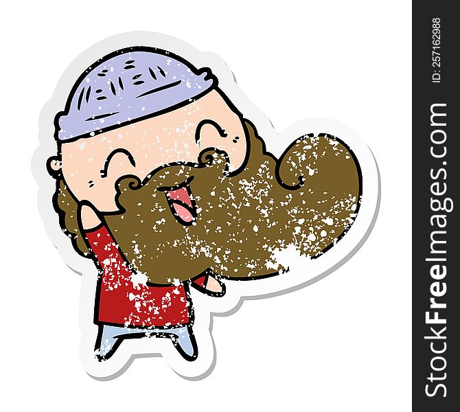 Distressed Sticker Of A Happy Man With Beard And Winter Hat