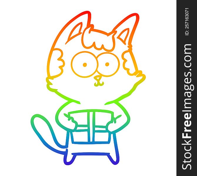 rainbow gradient line drawing of a happy cartoon cat with present