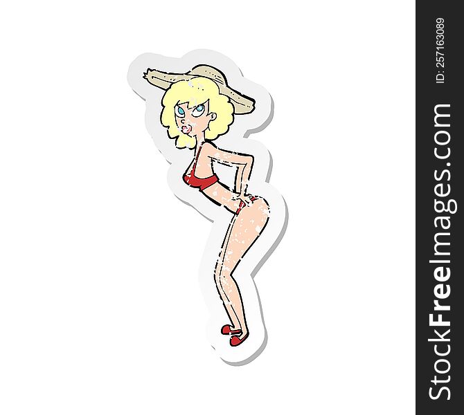 retro distressed sticker of a cartoon pin-up beach girl