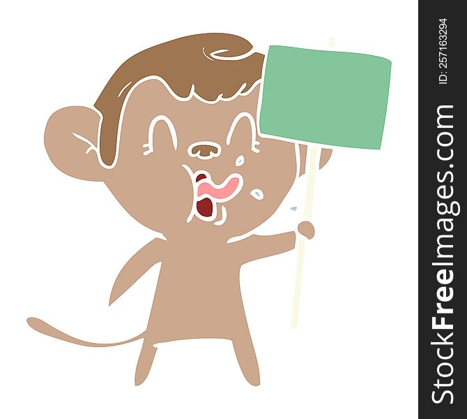 crazy flat color style cartoon monkey with sign