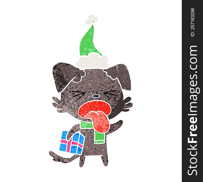 hand drawn retro cartoon of a disgusted dog with christmas gift wearing santa hat