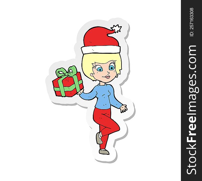 Sticker Of A Cartoon Woman With Present