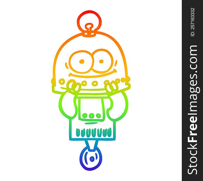 rainbow gradient line drawing of a happy carton robot with light bulb