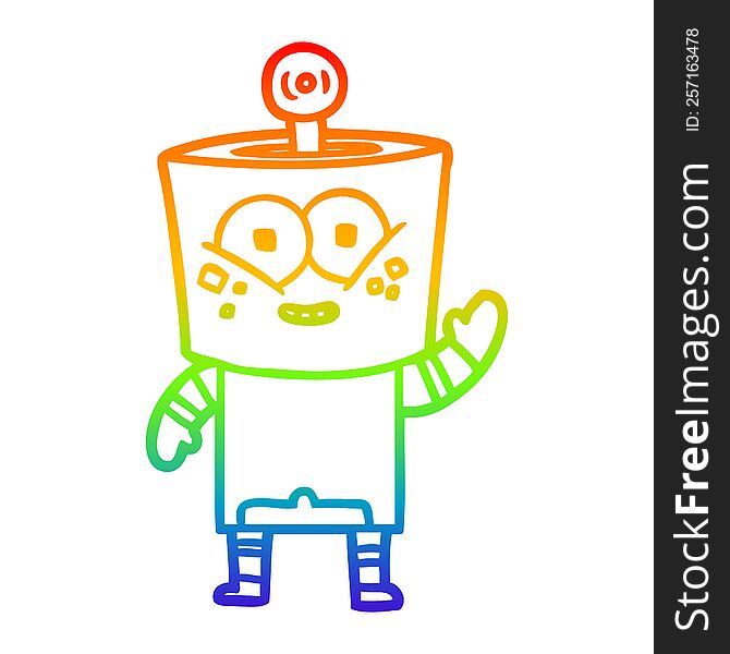 rainbow gradient line drawing of a happy cartoon robot waving hello