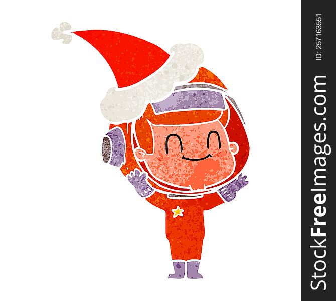happy hand drawn retro cartoon of a astronaut man wearing santa hat. happy hand drawn retro cartoon of a astronaut man wearing santa hat