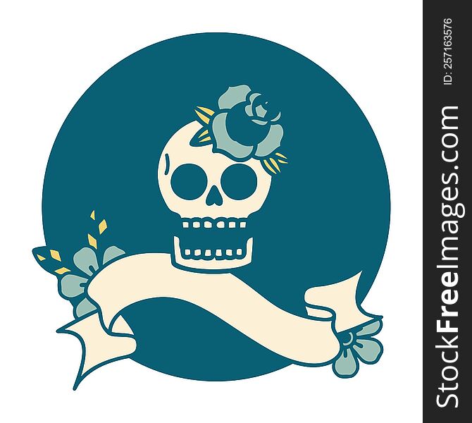 tattoo style icon with banner of a skull and rose