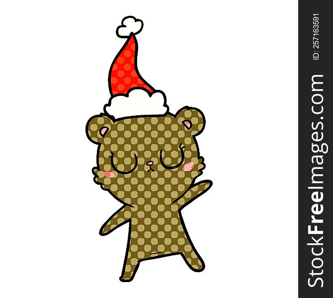 Peaceful Comic Book Style Illustration Of A Bear Wearing Santa Hat