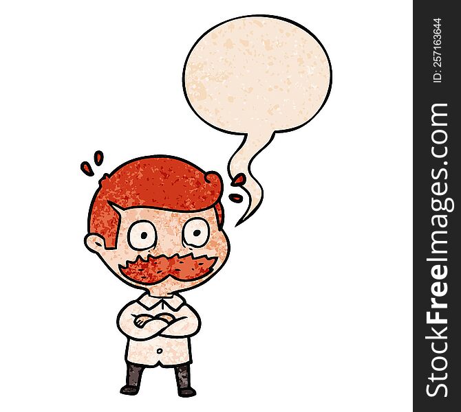 Cartoon Man And Mustache Shocked And Speech Bubble In Retro Texture Style