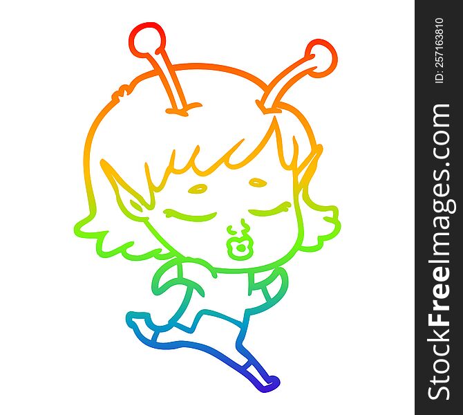 Rainbow Gradient Line Drawing Cartoon Alien Girl