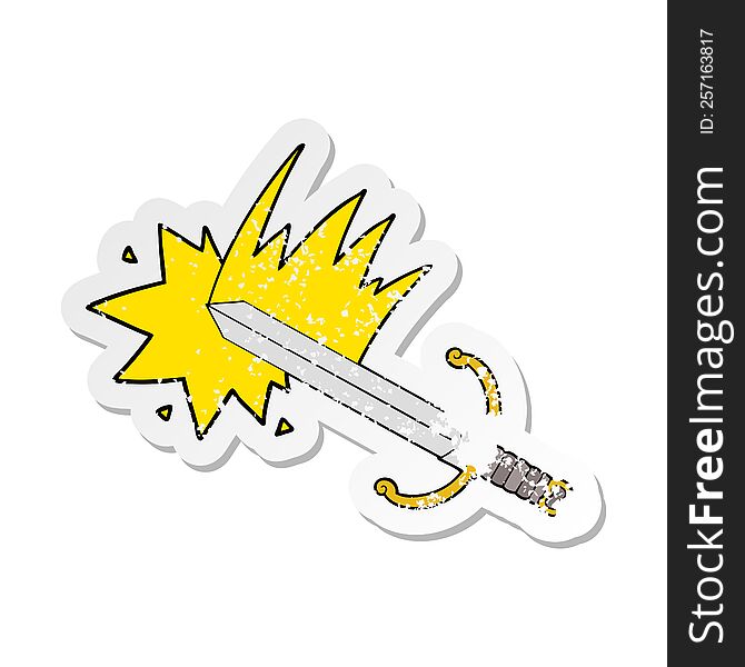 distressed sticker of a swinging cartoon sword