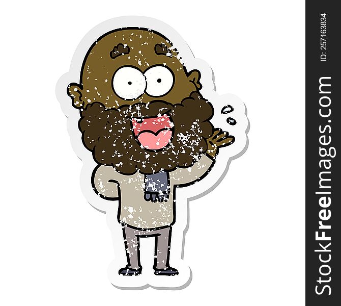 Distressed Sticker Of A Cartoon Crazy Happy Man With Beard Amazed