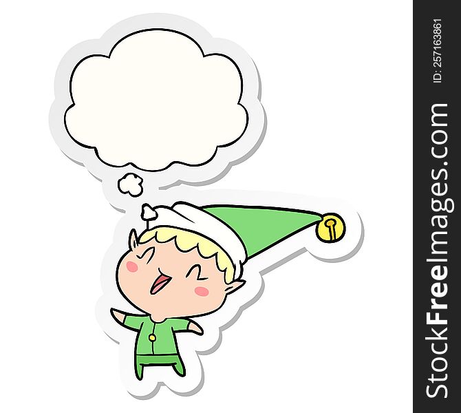 cartoon happy christmas elf with thought bubble as a printed sticker