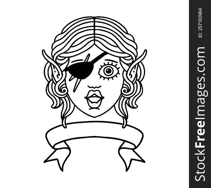 Black and White Tattoo linework Style elf rogue character face with banner. Black and White Tattoo linework Style elf rogue character face with banner