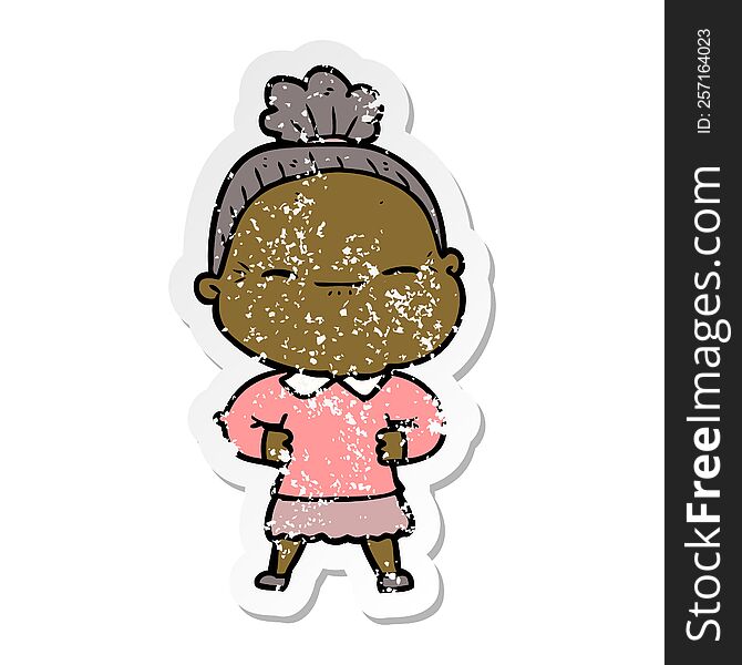 Distressed Sticker Of A Cartoon Peaceful Old Woman