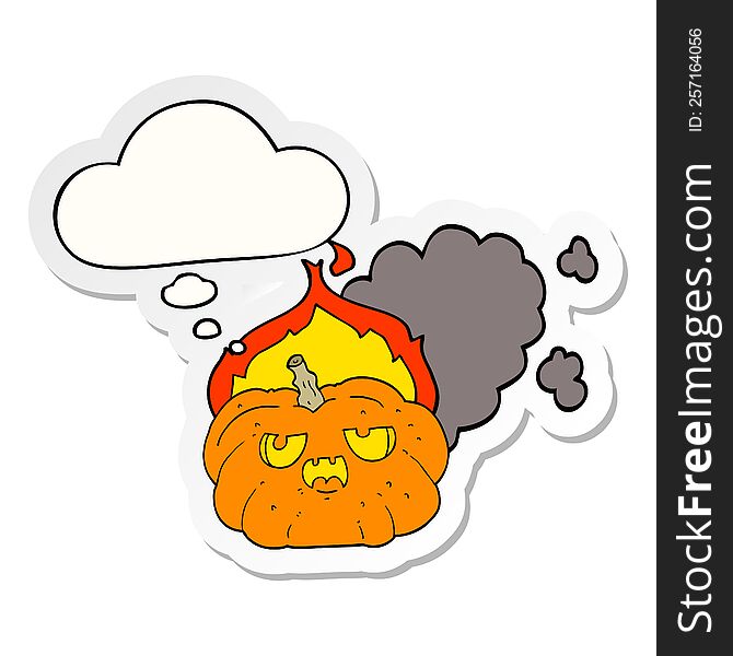 cartoon flaming halloween pumpkin with thought bubble as a printed sticker