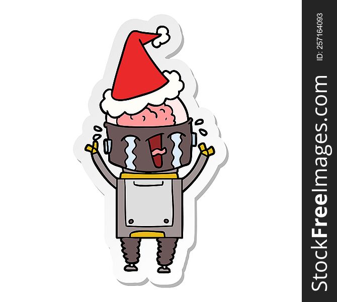 Sticker Cartoon Of A Crying Robot Wearing Santa Hat