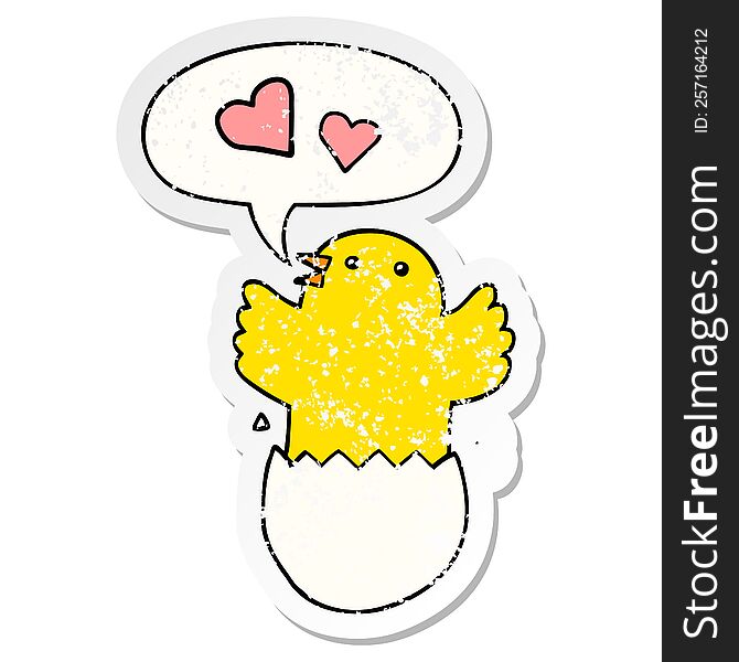 cute hatching chick cartoon with speech bubble distressed distressed old sticker. cute hatching chick cartoon with speech bubble distressed distressed old sticker