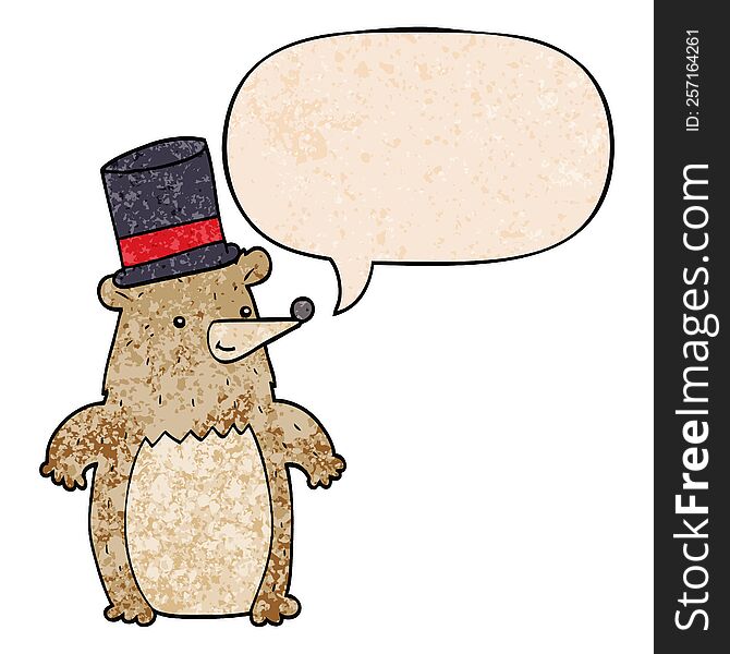 Cartoon Bear In Top Hat And Speech Bubble In Retro Texture Style