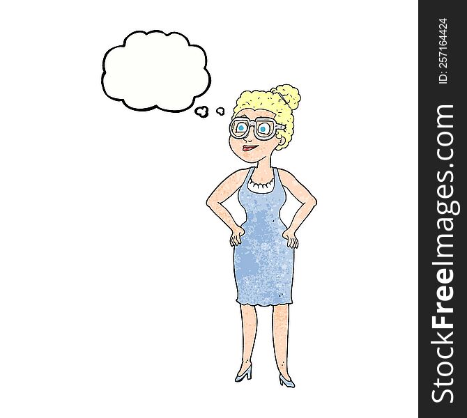 freehand drawn thought bubble textured cartoon woman wearing glasses