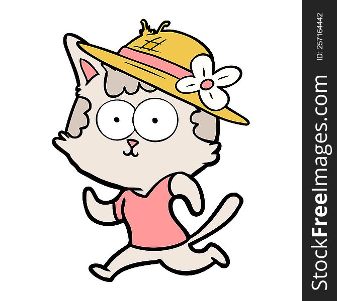 happy cartoon cat jogging in hat. happy cartoon cat jogging in hat