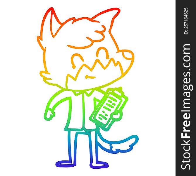 rainbow gradient line drawing of a cartoon happy fox salesman
