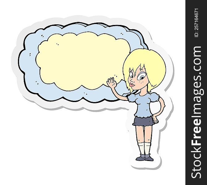 sticker of a cartoon woman with cloud text space