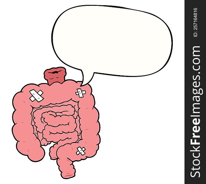 cartoon repaired intestines with speech bubble