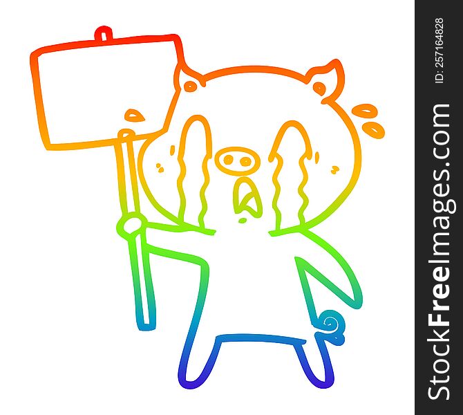 Rainbow Gradient Line Drawing Crying Pig Cartoon With Protest Sign