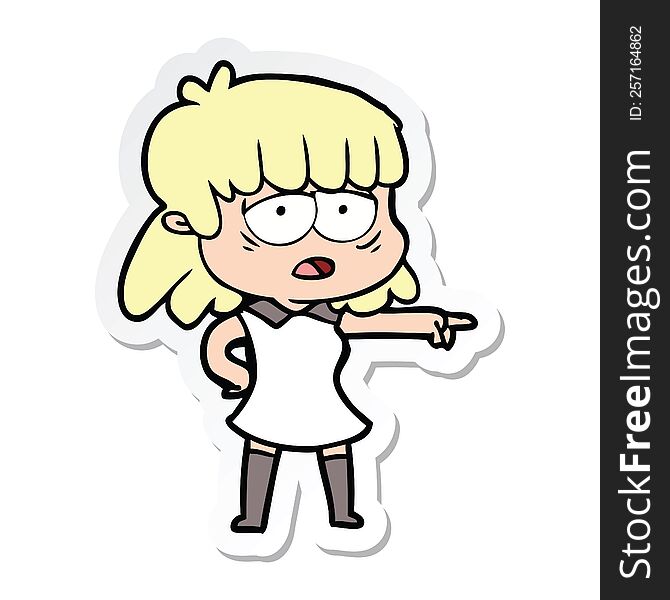 Sticker Of A Cartoon Tired Woman Pointing