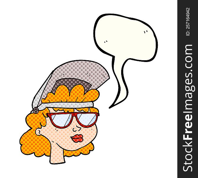 Freehand drawn comic book speech bubble cartoon woman with welding mask and glasses