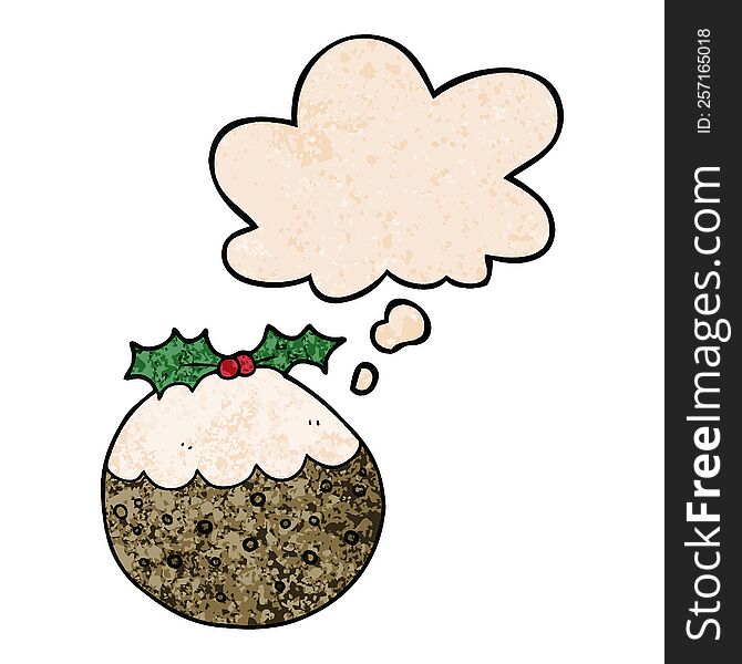 Cartoon Christmas Pudding And Thought Bubble In Grunge Texture Pattern Style