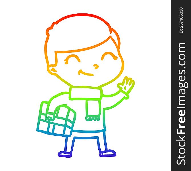 Rainbow Gradient Line Drawing Cartoon Boy Smiling