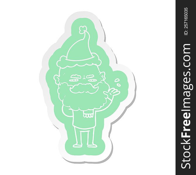 quirky cartoon  sticker of a dismissive man with beard frowning wearing santa hat