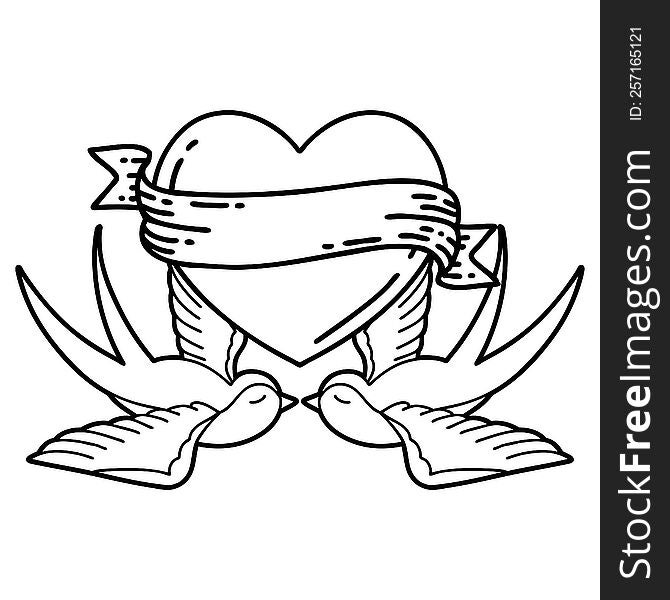 tattoo in black line style of swallows and a heart with banner. tattoo in black line style of swallows and a heart with banner