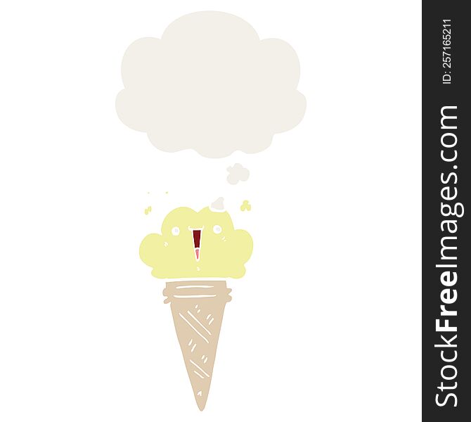 cartoon ice cream with face with thought bubble in retro style