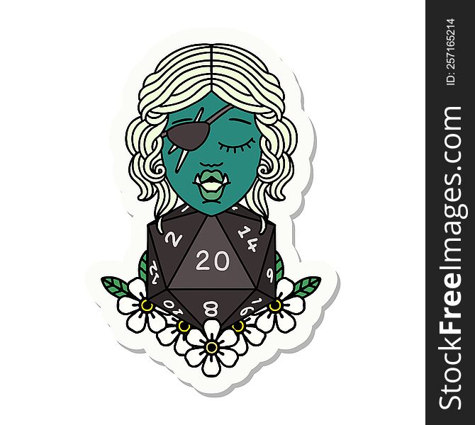 sticker of a half orc rogue with natural twenty dice roll. sticker of a half orc rogue with natural twenty dice roll