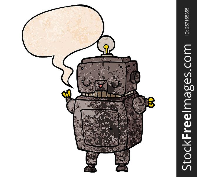 Cartoon Robot And Speech Bubble In Retro Texture Style