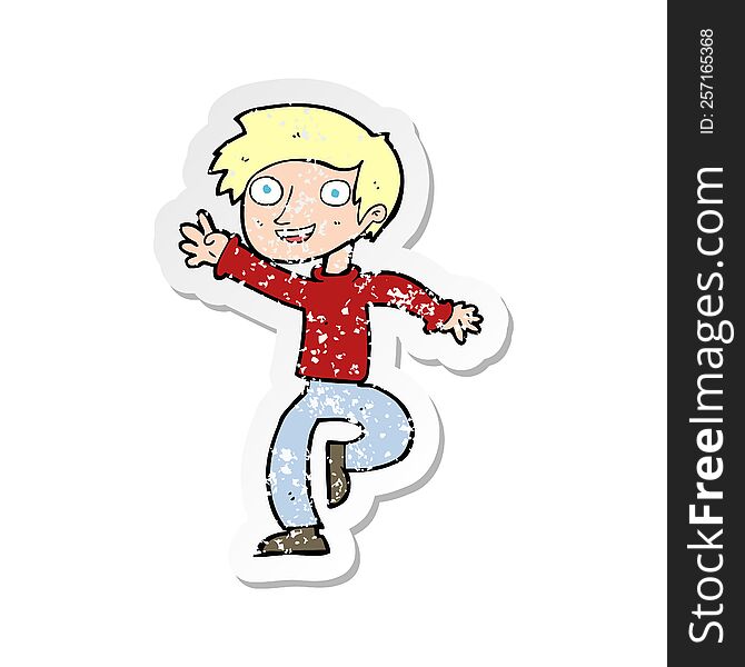 Retro Distressed Sticker Of A Cartoon Excited Boy Dancing