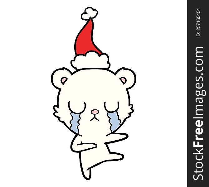 crying polar bear hand drawn line drawing of a wearing santa hat. crying polar bear hand drawn line drawing of a wearing santa hat