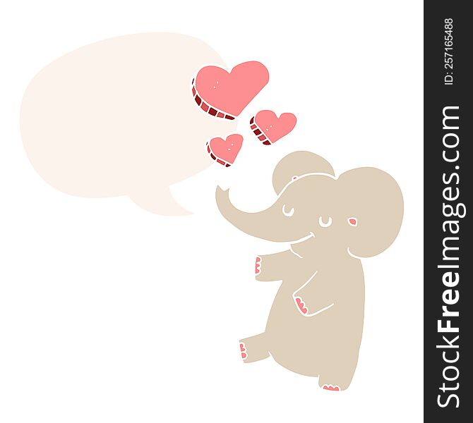 Cartoon Elephant And Love Hearts And Speech Bubble In Retro Style