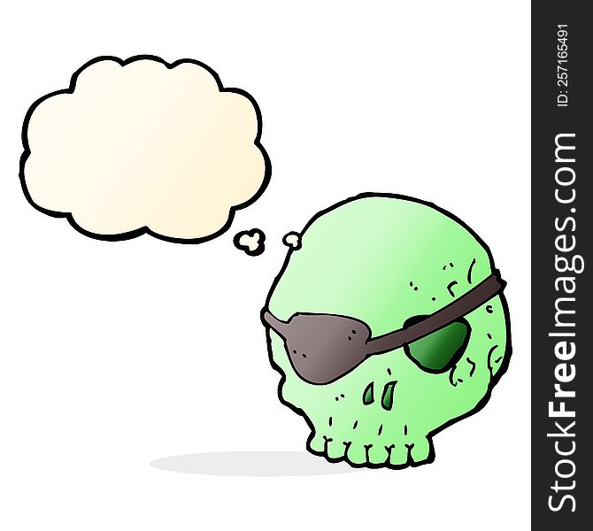 cartoon skull with eye patch with thought bubble