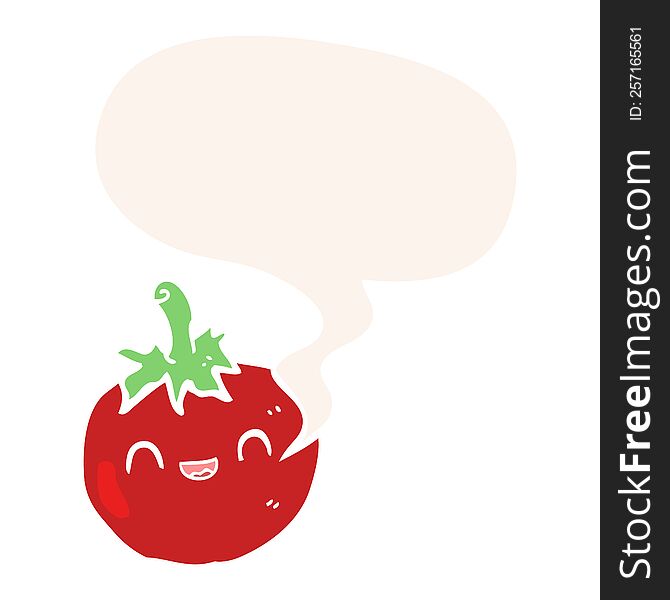 Cute Cartoon Tomato And Speech Bubble In Retro Style
