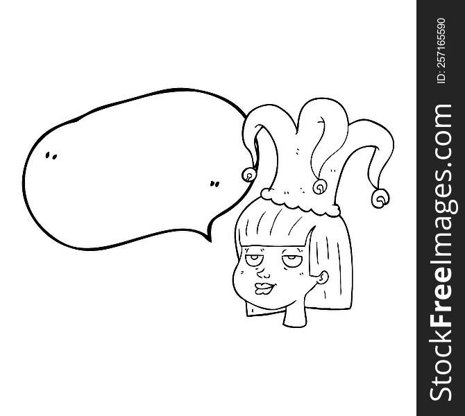 freehand drawn speech bubble cartoon female face with jester hat. freehand drawn speech bubble cartoon female face with jester hat