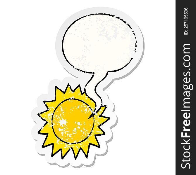 cartoon sun with speech bubble distressed distressed old sticker. cartoon sun with speech bubble distressed distressed old sticker