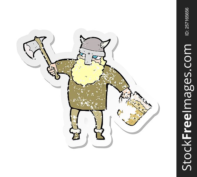 Retro Distressed Sticker Of A Cartoon Drunk Viking