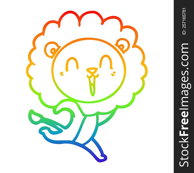 rainbow gradient line drawing of a laughing lion cartoon running
