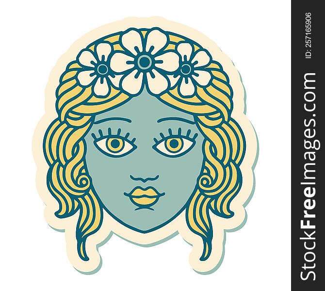 sticker of tattoo in traditional style of female face with crown of flowers. sticker of tattoo in traditional style of female face with crown of flowers