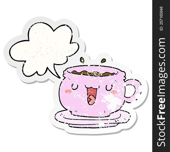 Cute Cartoon Cup And Saucer And Speech Bubble Distressed Sticker