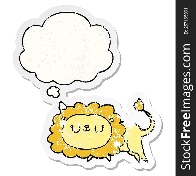Cartoon Lion And Thought Bubble As A Distressed Worn Sticker