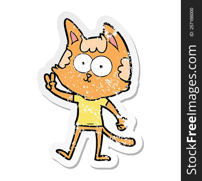 distressed sticker of a happy cartoon cat giving peace sign
